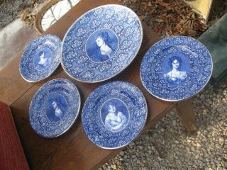 5 Historic Victorian Blue Staffordshire Transferware Plates Ladys Portraits
