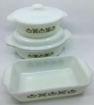 Vtg 5 Piece Set Anchor Hocking Fire - King Meadow Green Ovenware Milk Glass Covers
