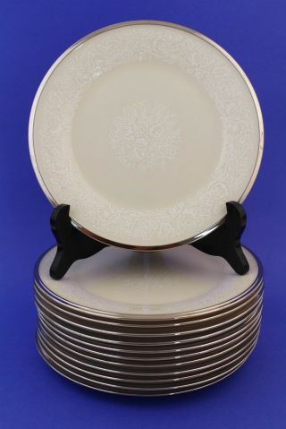 12pc Vtg Lenox Moonspun Porcelain White Floral Silver Rim Bread Butter Plate Set