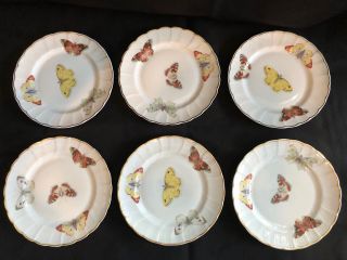 Rare Limoges France Porcelain 6 Plate Set Butterflies Gold Trim Bernardaud & Co.