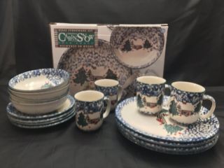 Tienshan Folk Craft Cabin In The Snow Stoneware 16 Piece Plates Cups Bowls