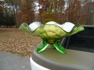 Antique Northwood Green Carnival Glass Daisy And Plume 3 Footed Bowl