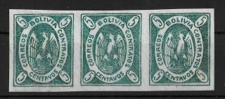 Bolivia 1867 - 1868 No Gum 5c Dark Blue Green Strip Of 3 Yvert 2 Vf