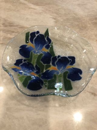 Peggy Karr Fused Art Glass Blue Iris 8 3/8 " Bowl