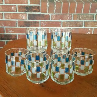 Set Of 8 Vintage Mcm Libbey Nordic Juice Glasses Tumblers - Blue Green Gold