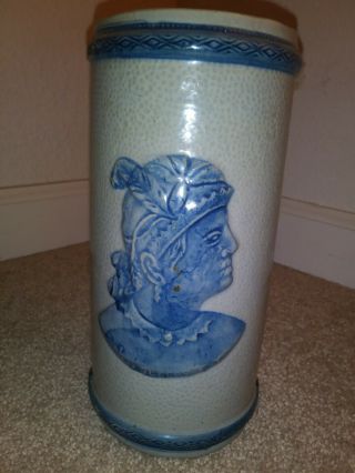 Antique Old Sleepy Eye Chief Flemish Blue Salt Glaze Stoneware Vase 8.  5