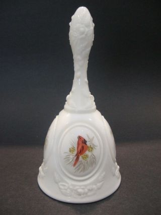 Vintage Fenton Art Glass Bell Hand Painted Cardinal Bird In Winter Artist Signed