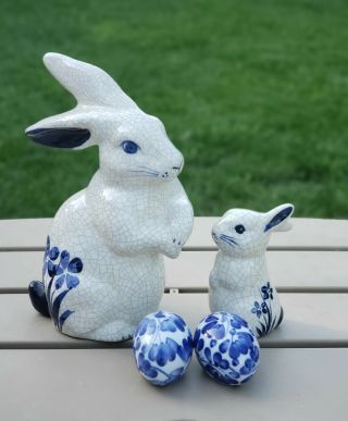 Vtg The Potting Shed Dedham Pottery Signed Rabbit & Baby 2 Matching Floral Eggs