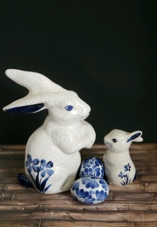 VTG The Potting Shed Dedham Pottery Signed Rabbit & Baby 2 matching Floral Eggs 2