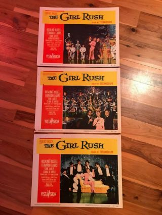 3 Lobby Cards 11x14: The Girl Rush (1955) Rosalind Russell