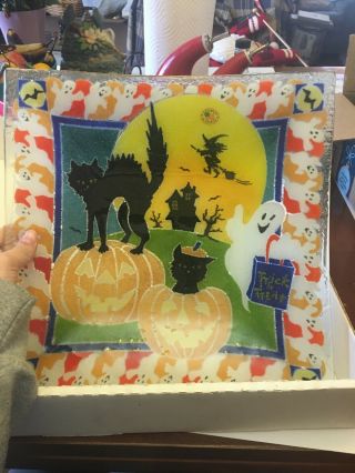 Peggy Karr Fused Glass Collectible Boo Halloween Square 13 " Bowl Deep Square