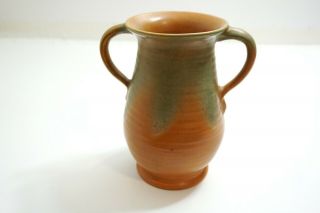 Vintage Muncie Pottery Ringed Dual Handled Vase Orange & Green Drip Matte Finish