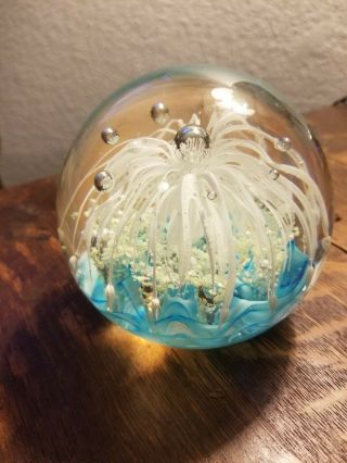 Mcm Hand Blown Glass Paperweight Aqua White Bubbles Artistic Creation
