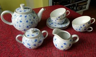 Arzberg Blue Flowers Blossoms Teapot Creamer Sugar Cups Saucers Porcelain German