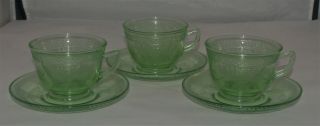 Vintage Green Depression Glass Set Of 3 Federal Georgian Love Birds Cup & Saucer