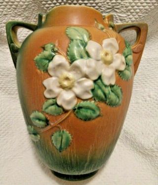 Roseville Vase 991 12 " Pottery Vintage Green Rust Orange White Flowers Usa