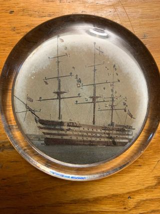 Extraordinary Antique British England Navy Sailing Ship Art Glass Paperweight