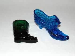 2 Vintage Fenton Glass Victorian Shoe Boots Blue Emerald Green Wall Pocket Vase