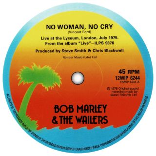 Bob Marley.  No Woman No Cry Record Label Vinyl Sticker.  Reggae.  Island Records