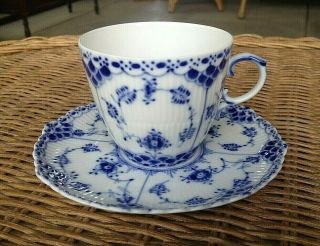 Royal Copenhagen Blue Fluted Full Lace 1035 Cup And Saucer 1st Quality Euc