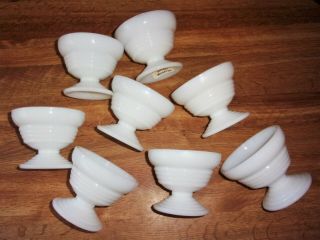 Set Of 8 Vintage White Milk Glass Sherbet Dessert Dishes Cups Stripe Design