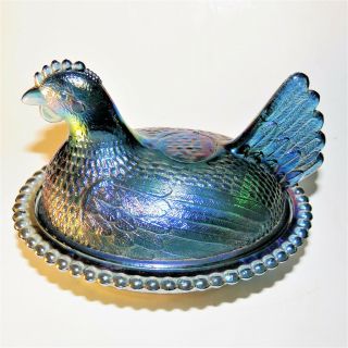 Vtg Indiana Blue Carnival Glass Hen On Nest Candy / Butter Dish 8 " X 5 " Chicken