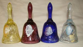 Vintage Fenton Hand Painted Butterfly Bells Set Of 4 Signed Circa 1982 - 85