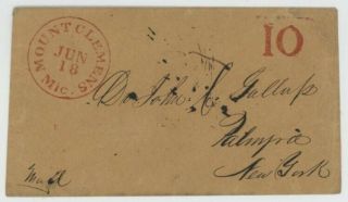 Mr Fancy Cancel Stampless Cover Red Mount Clemens Mic Cds Large 10 To Palmyra Ny