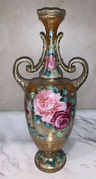 Antique Nippon Double Handled Vase With Gold Accents And Roses 14” Tall