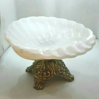 Vintage Milk Glass Sea Shell Shaped Soap Or Trinket Dish On Metal Pedestal Base