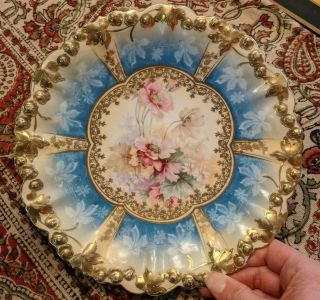 Antique Rs Prussia Rosebud Mold Cake Plate Vibrant Blue Hand Brushed Gold Floral