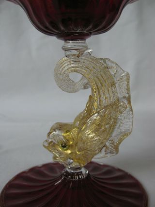 Vintage Murano Venetian Gold And Red Fish Sea Serpent Candlestick.