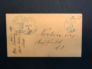 1853 Amherst,  Mass. ,  Stampless Envelope,  Paid 3,  Interesting