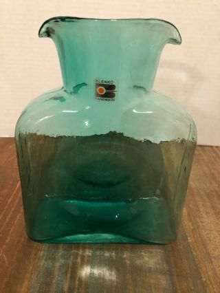 Blenko Sea Green Glass Double Spout Water Bottle Pitcher Carafe Modern Usa