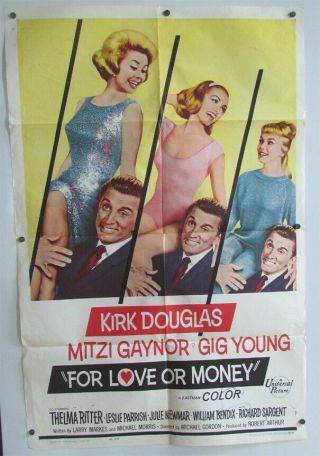 1963 For Love Or Money Movie Poster 1sh Kirk Douglas / Mitzi Gaynor