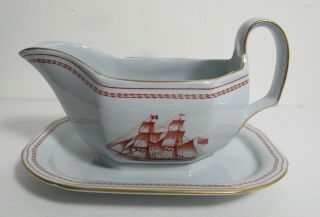 Spode Red Trade Winds Gravy Boat With Attached Underplate