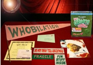Grinch Jim Carrey Prop Who Flag & Mail,  Signed Pp Pic,  Blu Dvd,  & More,  Uacc