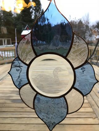 Stained Glass Etched Duck Beveled Patterned Blue & Clear Window Home Garden Deco