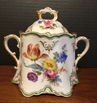 Antique Ambrosius Lamm Dresden Hand Painted Floral & Insects Lidded Sugar Bowl
