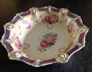 Rs Prussia Ribbon Jewel Mold 18 Pink Roses Serving Bowl