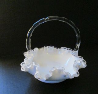 Fenton Silver Crest Ruffled Edge Milk Glass Bridal Basket