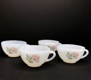 Vtg Arcopal France White Milk Glass Teacups Rose Pink Floral Set Of 4 Tea Cups