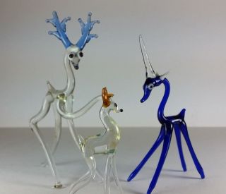 Three Retro Vintage Art Glass Lampwork Animals Deer Fawn Unicorn