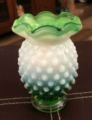 Fenton Green Opalescent Hobnail Small Vase Ruffled Top 4” Tall