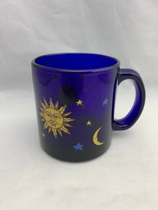 Vintage Libby Libbey Cobalt Blue Celestial Sun Moon And Stars Glass Mug Usa