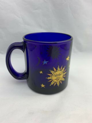 Vintage Libby Libbey Cobalt Blue Celestial Sun Moon and Stars Glass Mug USA 3