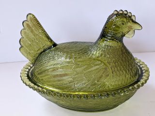 Vintage Westmoreland Green Glass Hen On Nest Candy Dish