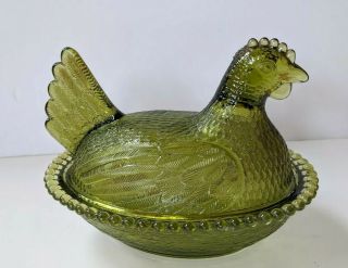 Vintage Westmoreland Green Glass Hen On Nest Candy Dish 2