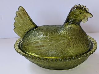 Vintage Westmoreland Green Glass Hen On Nest Candy Dish 3