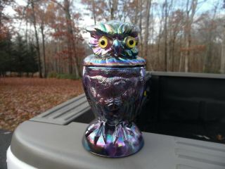 Vintage Imperial For Lenox Carnival Glass Owl Candy Jar / Alig Mark / 3